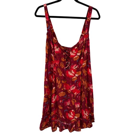 Free People Floral Burgundy Red Lightweight Mini Dress w/Criss Cross Front-Large - Picture 2 of 5